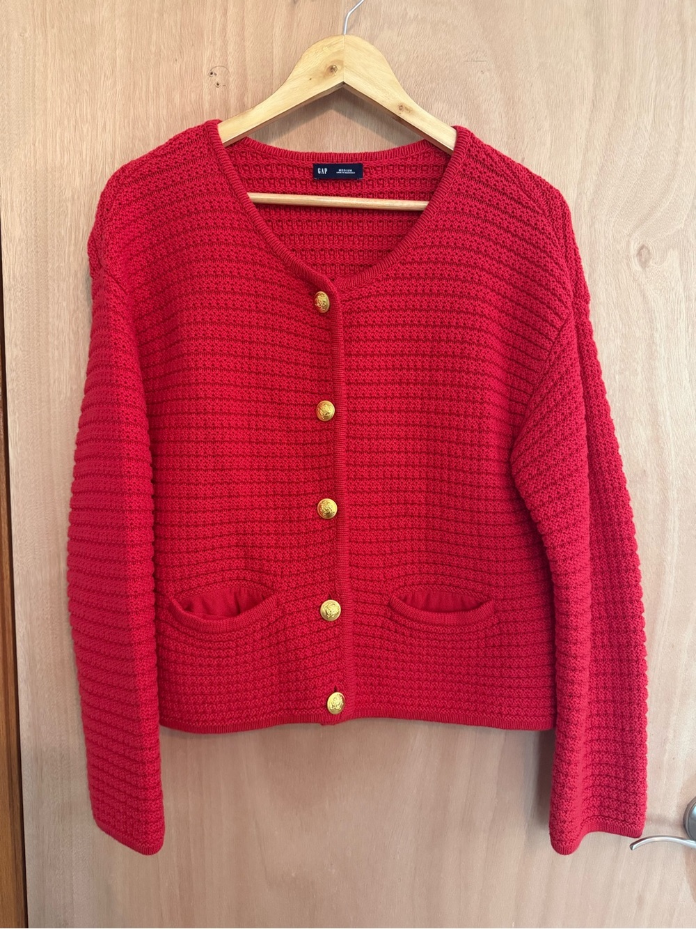 Gap Red Texture Knit Sweater Lady Jacket Cardigan, Gold Buttons - Picture 2 of 5